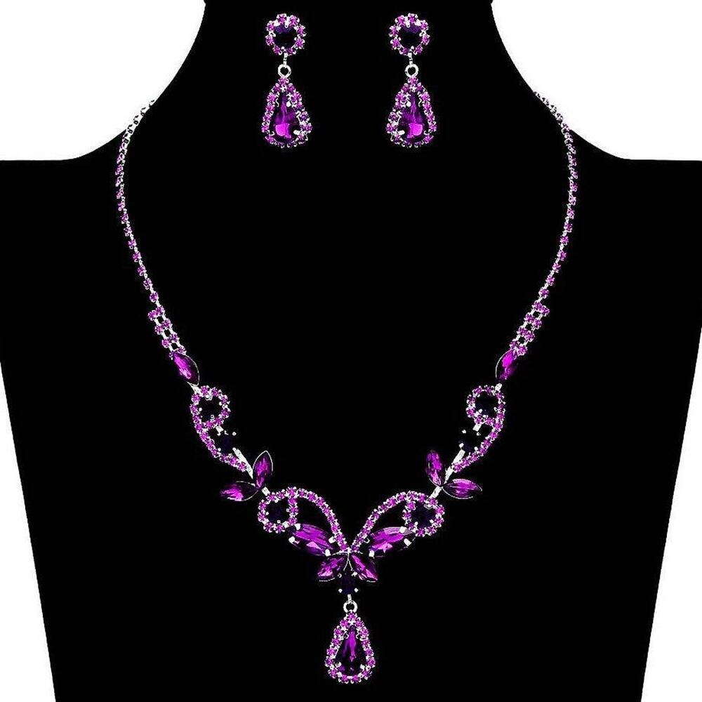 Diacly Floral Rhinestone Necklace Set Women OS Silver AB Bridal Prom Glam NEW - Picture 4 of 10